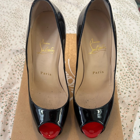 Christian Louboutin Shoes - Christian Louboutin Black Patent Peep-Toe Pumps with Red Toe Caps